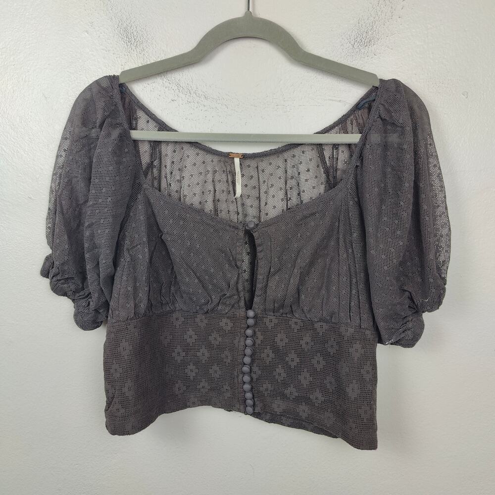 Free People Charcoal Lace Puff Sleeve Crop Top